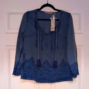 NWT - Soft Surroundings Denim Blue Embroidered Blouse